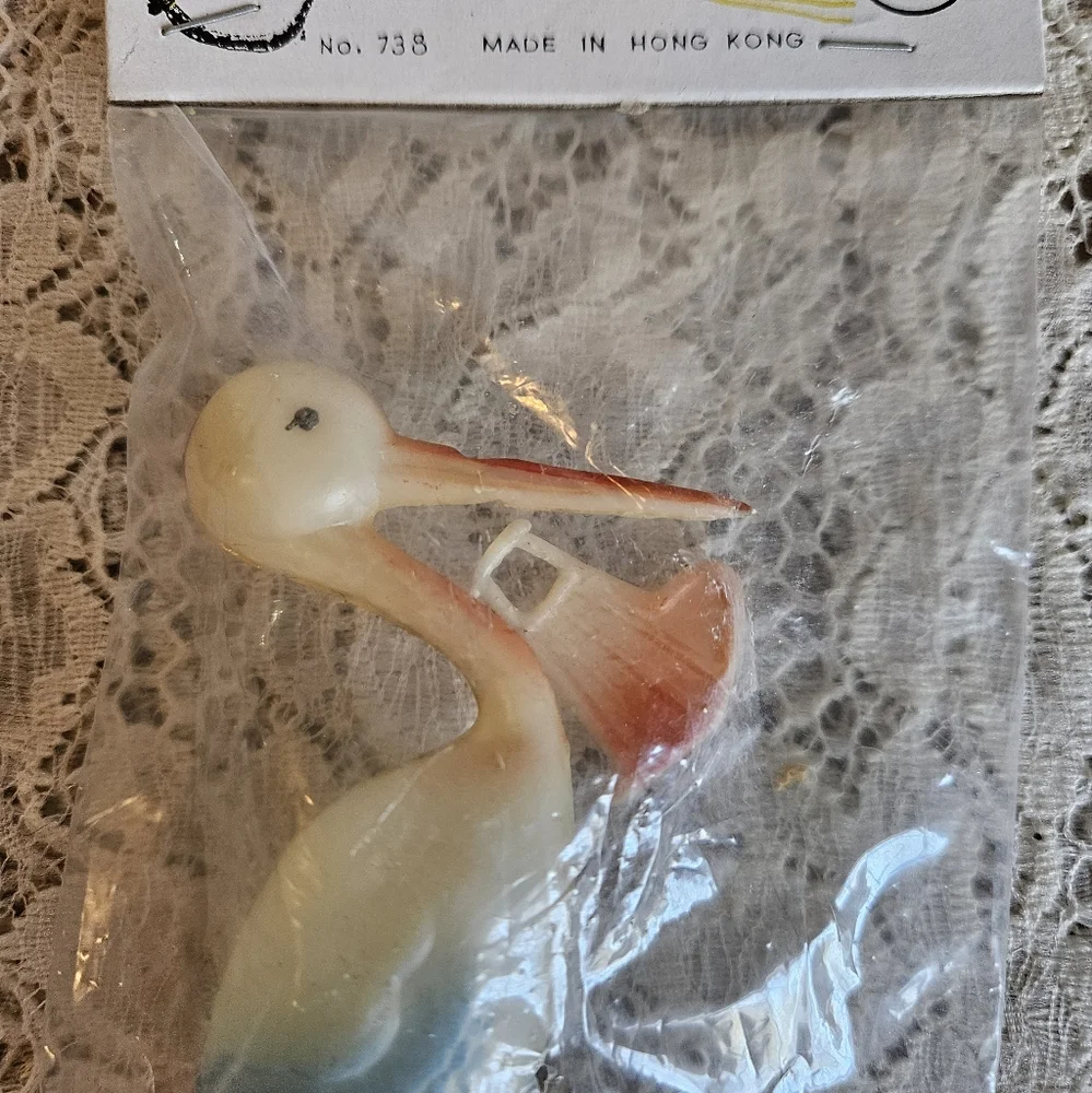 Vintage Hard Plastic Stork Cake Topper Craft Supply or Decoration Hong Kong Made